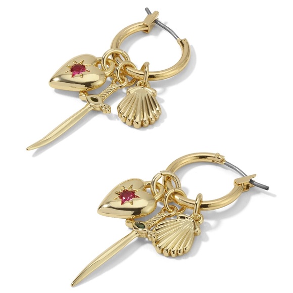 Vanessa Mooney AURORA HOOP CHARM EARRINGS Dagger heart sea shell gold earrings - Picture 4 of 17